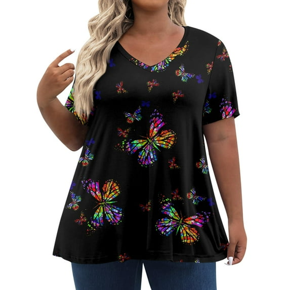 TQWQT Women's Plus Size Tops Cute Summer Floral Top Womens V Neck Tunic Short Sleeve Tops Dressy Casual Blouses Plus Size Womens Clothes
