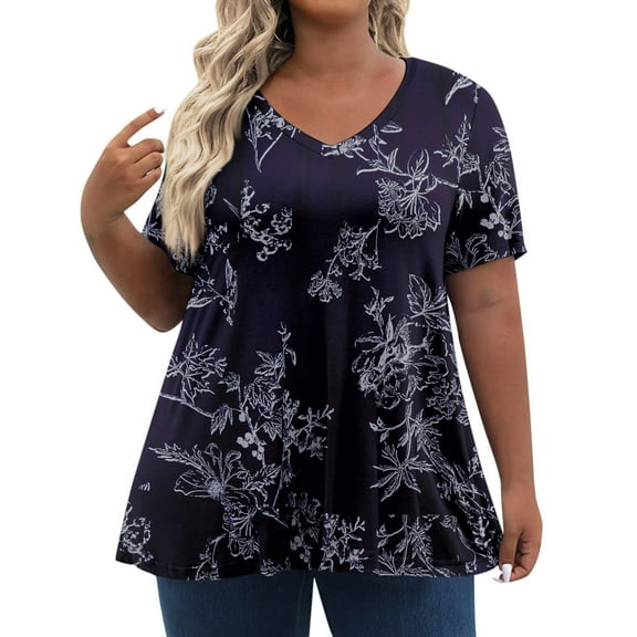 TQWQT Women's Plus Size Tops Cute Summer Floral Top Womens V Neck Tunic Short Sleeve Tops Dressy Casual Blouses Plus Size Womens Clothes