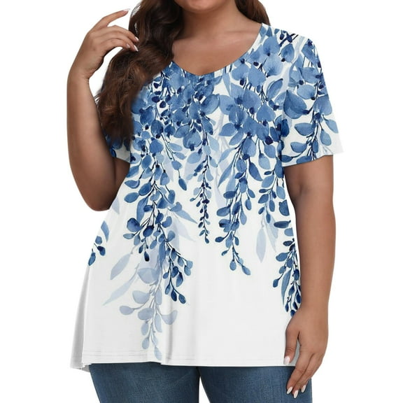 TQWQT Women's Plus Size Tops Cute Summer Floral Top Womens V Neck Tunic Short Sleeve Tops Dressy Casual Blouses Plus Size Womens Clothes