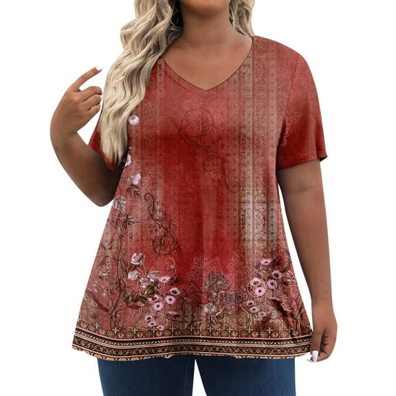 TQWQT Women's Plus Size Tops Cute Summer Floral Top Womens V Neck Tunic Short Sleeve Tops Dressy Casual Blouses Plus Size Womens Clothes