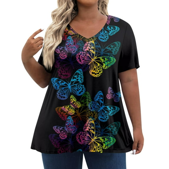 TQWQT Women's Plus Size Tops Cute Summer Floral Top Womens V Neck Tunic Short Sleeve Tops Dressy Casual Blouses Plus Size Womens Clothes