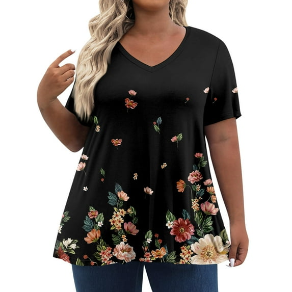 TQWQT Women's Plus Size Tops Cute Summer Floral Top Womens V Neck Tunic Short Sleeve Tops Dressy Casual Blouses Plus Size Womens Clothes