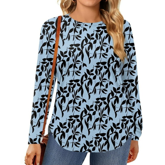 TQWQT Women's Plus Size Tops Dressy Fall Long Sleeve Tunic Tops Floral Graphic Tees Crewneck Tunic Shirts Loose Casual Outfits for Women Blue 5XL