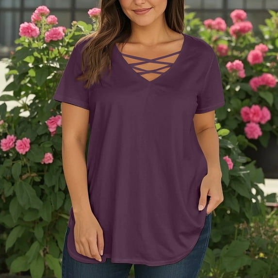 TQWQT Women's Plus Size Tops Dressy Summer Short Sleeve Tunics Shirts Basic Plain T-Shirt V Neck Criss Cross Shirts Loose Casual Blouses Dark Purple XL