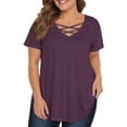 thumbnail image 1 of TQWQT Women's Plus Size Tops Fashion Sexy Plus Size Tops V Neck Criss Cross Womens Plus Tops Short Sleeve Basic Plain Dressy Casual Blouses 5x Women Plus Size Clothing Dark Purple 3XL, 1 of 4