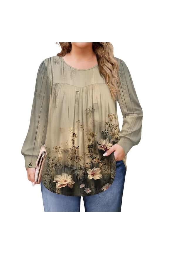 Women's Plus Size Tops Flowy Fall Crewneck Shirts Floral Graphic T-Shirt Long Sleeve Tunic Tops Loose Casual Tunic Tops Gray 2XL