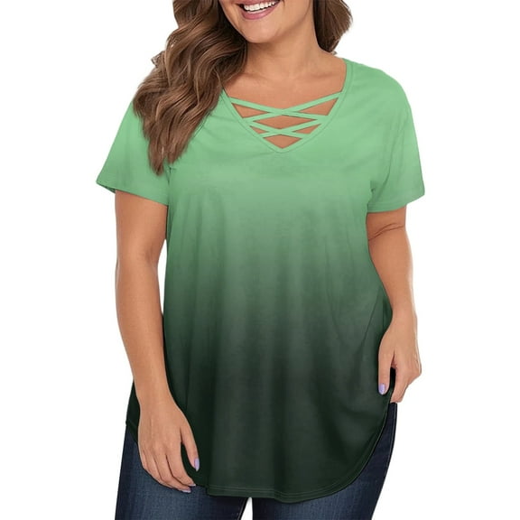 TQWQT Women's Plus Size Tops Sexy Summer Short Sleeve Blouses Gradient Graphic Tees V Neck Criss Cross Tshirts Dressy Casual Summer Clothes Green 3XL