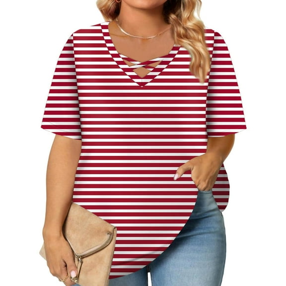 TQWQT Women's Plus Size Tops Sexy Summer V Neck Criss Cross Tshirts Striped Color Block Graphic Tees Short Sleeve Tunic Tops Loose Casual Summer Clothes 2XL