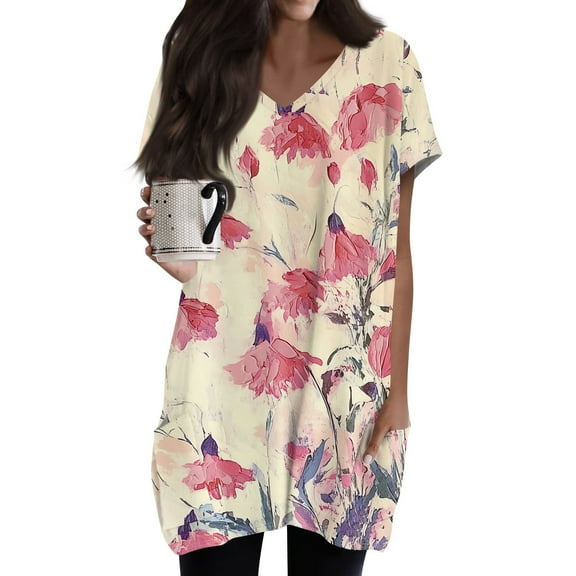 TQWQT Women's Plus Size Tunic Tops with Pockets Long Shirts for Legging V-Neck Short Sleeve Ethnic Floral T-Shirt Oversized Women Clothes Summer Tops