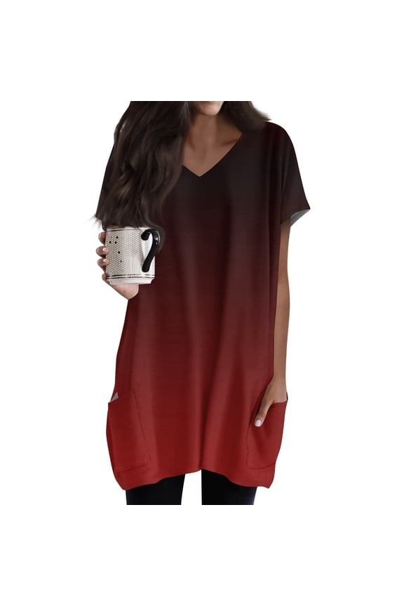 Women's Plus Size Tunic Tops with Pockets Oversized Long Shirts for Legging V Neck Short Sleeve T-Shirts Summer Gradient Print Long Tops