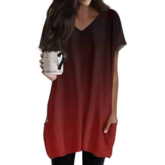 TQWQT Women's Plus Size Tunic Tops with Pockets Summer Casual Short Sleeve Oversized Long Shirts Casual V-Neck T-Shirt Gradient Print Long Tops