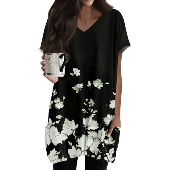 TQWQT Women's Plus Size Tunics or Tops to Wear with Leggings Long Shirts Short Sleeve Oversized Shirt Summer V Neck T Shirts Ethnic Floral Print Long Tops