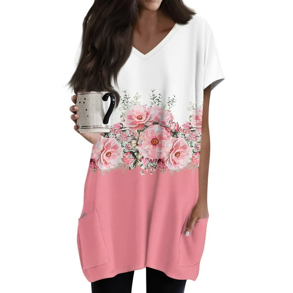 TQWQT Women's Plus Size Tunics or Tops to Wear with Leggings Long Shirts Short Sleeve V-Neck T-Shirt Oversized Ethnic Floral Print Long Tops