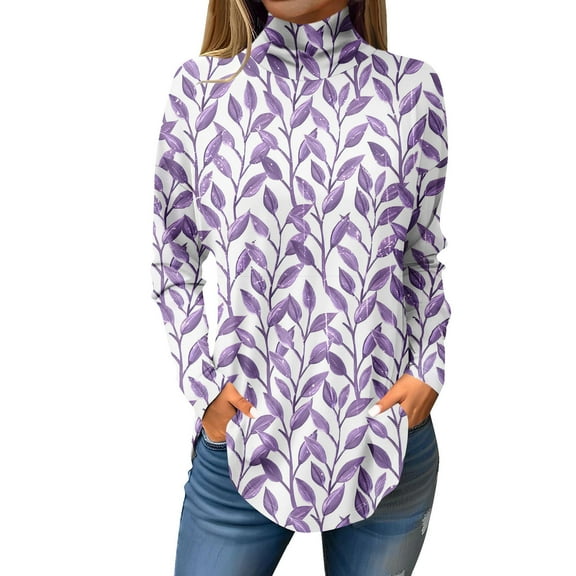 TQWQT Women's Plus Size Turtleneck Shirt Loose Fit Floral Printed Tunic Top Long Sleeve Mockneck T Shirts Trendy Curved Hem Graphic Tee Fall Outfits 2024 Purple 2XL