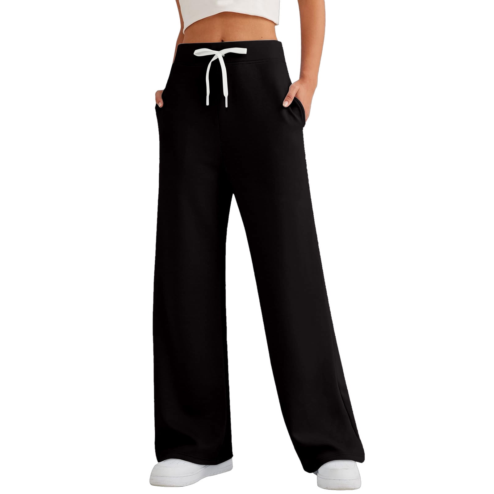 TQWQT Women's Plus Size Wide Leg Sweatpants 2023 Fall Casual Trendy  Trending Tall High Wasited Elastic Waist Jogger Sweat Pants with Pockets  Black S