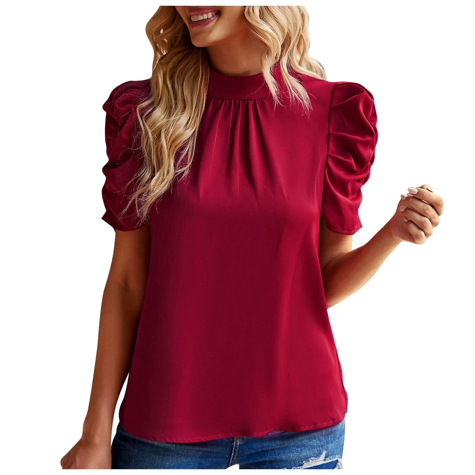 TQWQT Women's Summer Boho Shirt Top Ruffle Short Sleeve Frill Trim Mock