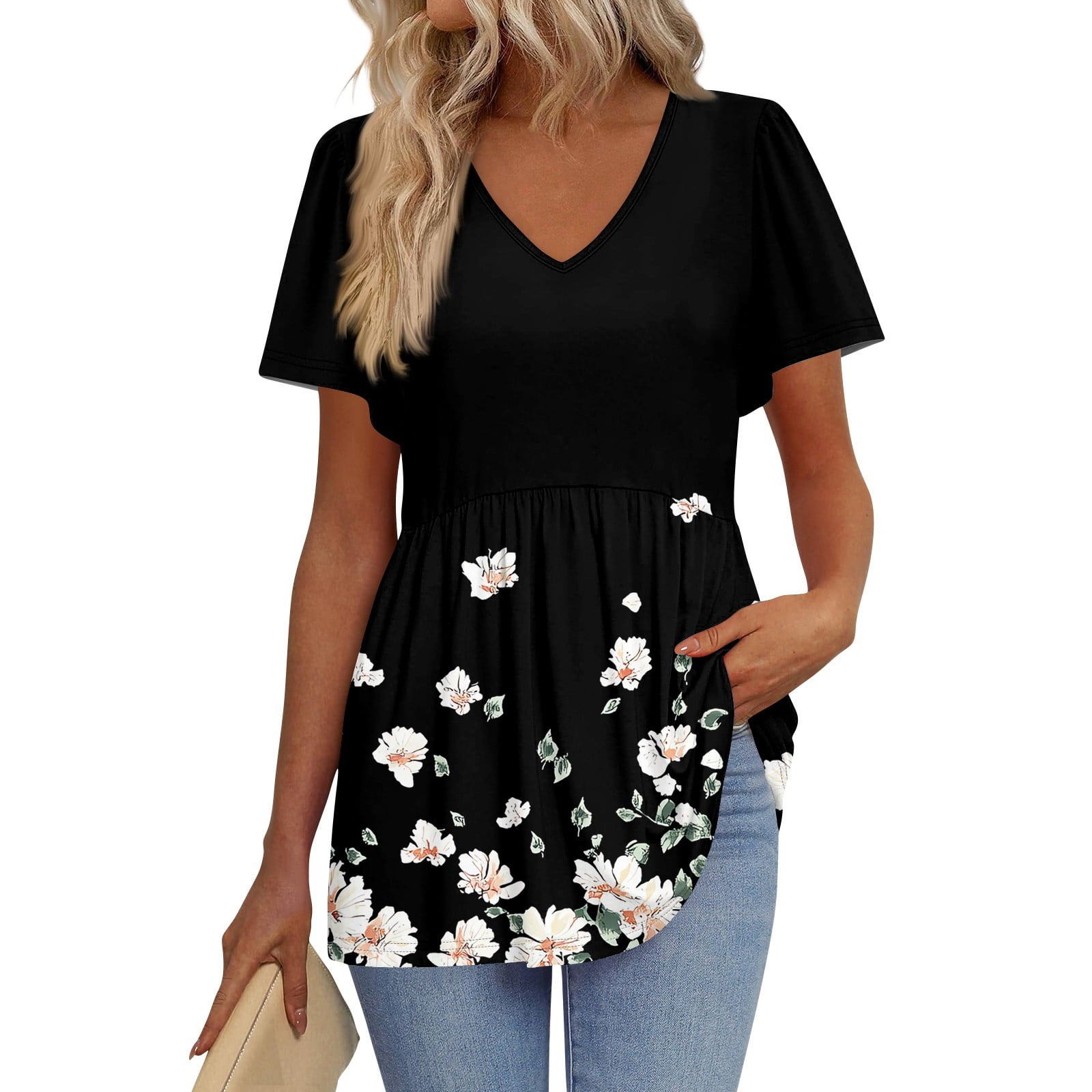 TQWQT Women's Summer Tops Babydoll Short Sleeve Tunic Top Peplum V Neck ...