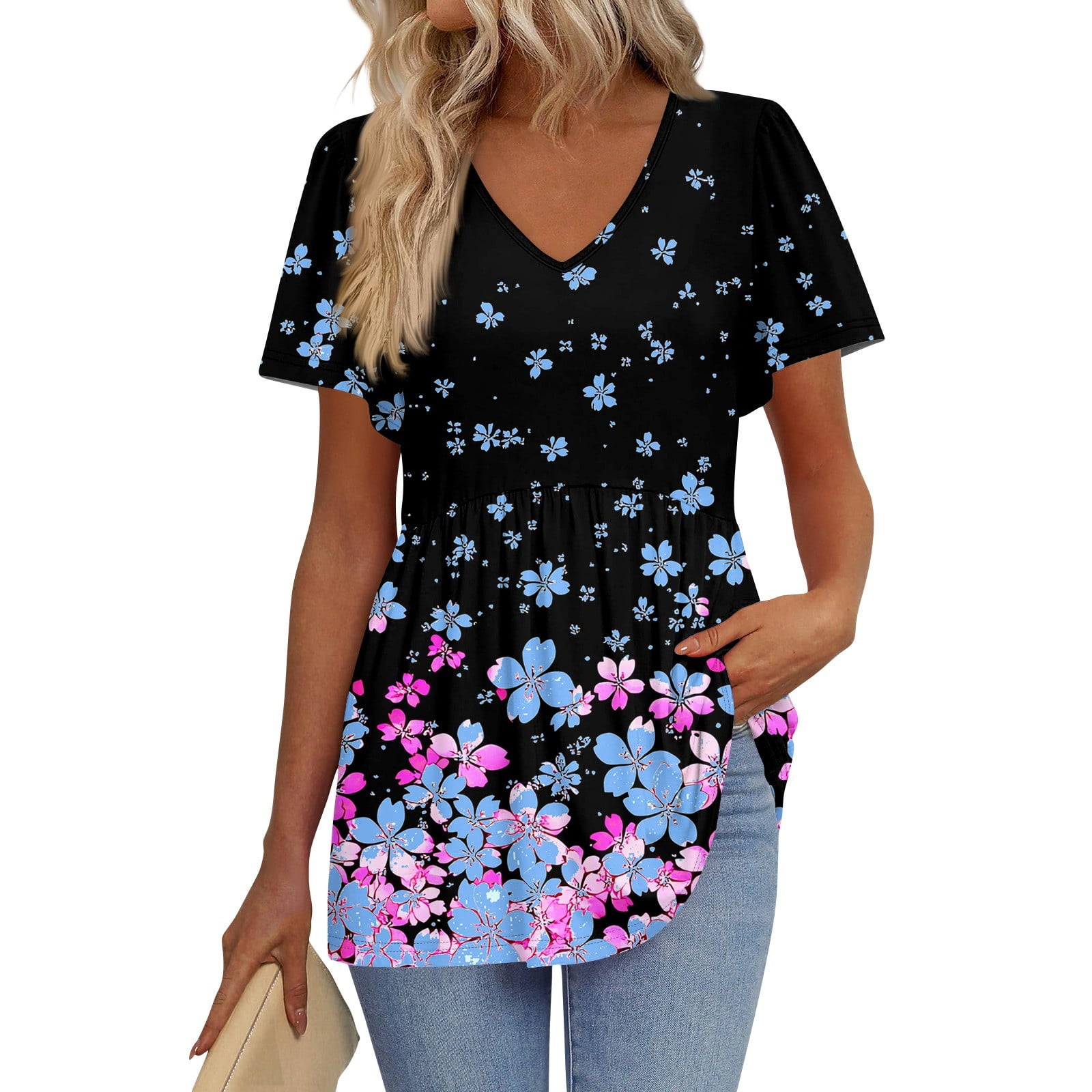 TQWQT Women's Summer Tops Cute Short Sleeve Blouses Babydoll Vneck ...