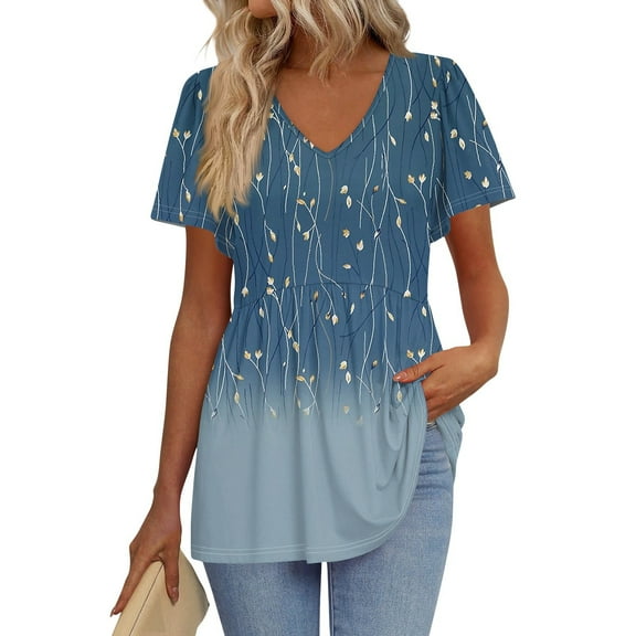 TQWQT Women's Summer Tops Trendy Short Sleeve Blouse Peplum Vneck Tshirt Floral Print Tee Ruffle Tunic Top Beach Vacation Clothes Light Blue L