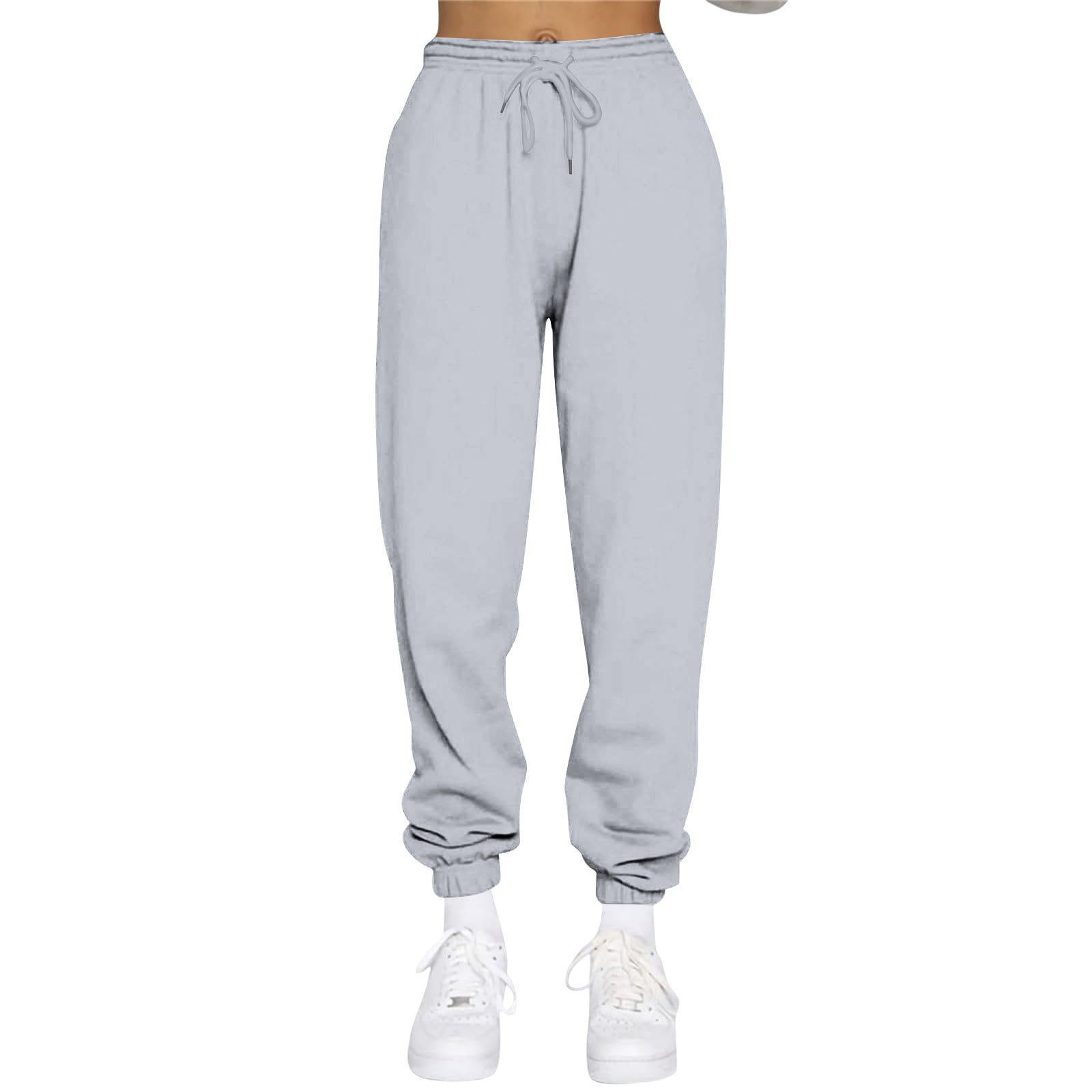 TQWQT Womens Cargo Sweatpants Cinch Bottom Fleece High Waisted Joggers  Pants Athletic Lounge Trousers with Pockets Light Gray S 