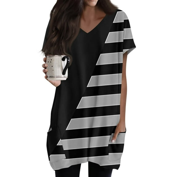 TQWQT Women's Tunic Tops Long Shirts for Legging Plus Size Tunic Tops with Pocketss Short Sleeve Oversized Shirt Summer V-Neck T-Shirts Color Block Long Tops