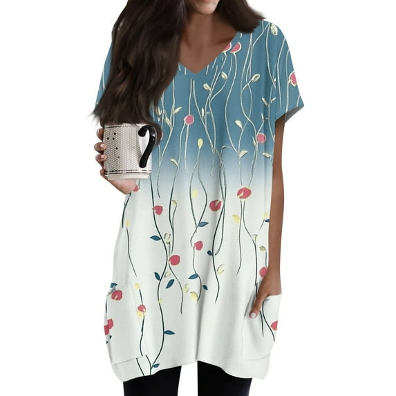 TQWQT Women's Tunic Tops with Pockets Long Shirts for Legging Plus Size Ethnic Floral T-Shirts V Neck Short Sleeve Oversized Women Clothes Summer Tops