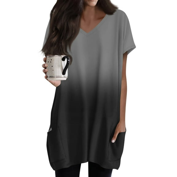 TQWQT Women's Tunic Tops Shirt Plus Size Long Shirts for Leggings with Pockets Short Sleeve Oversized Shirt Summer V-Neck T-Shirt Gradient Print Long Tops