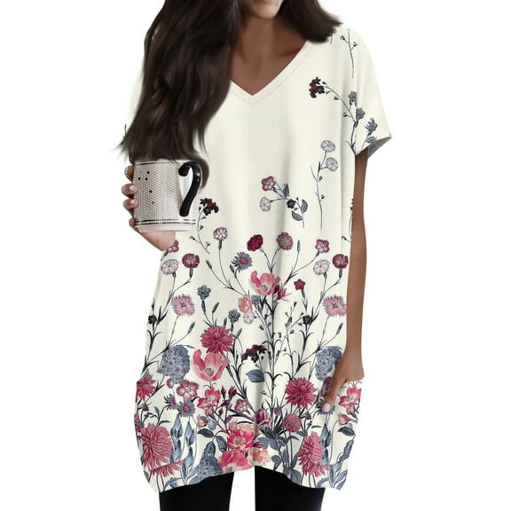 TQWQT Women's Tunic Tops Shirt Plus Size Long Shirts for Leggings with Pockets Short Sleeve Oversized Shirt Summer V-Neck T-Shirts Women Clothes