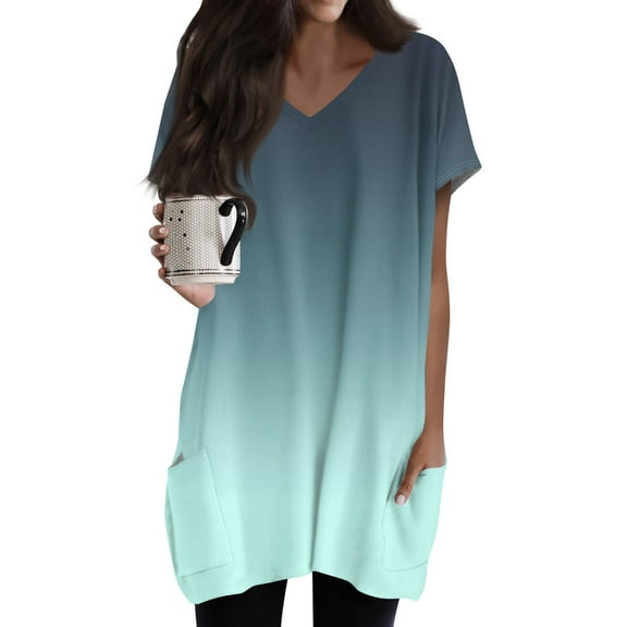 TQWQT Women's Tunics Summer Tunic Tops Long Shirts for Leggings with Pockets Short Sleeve Plus Size Shirt Oversized V Neck T-Shirts Women Clothes