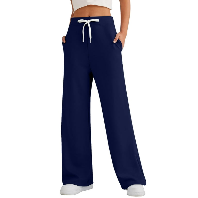 TQWQT Women s Wide Leg Sweatpants Casual Trendy Trending Loose Fit Comfy High Wasited Elastic Waist Jogger Winter Sweat Pants with Pockets Navy XXL