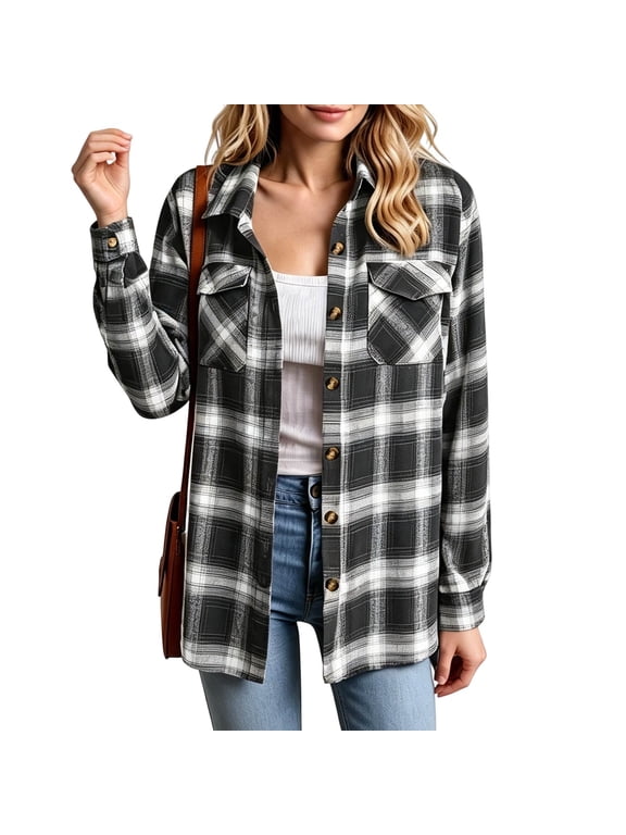 Women's Plaid Flannel Shirt Long Sleeve Button Down Casual Checkered Blouse Oversized Lumberjack Top Red Black Buffalo Plaid Winter Fall Fashion Loose Fit Tunic Soft Cotton Blend Outerwear