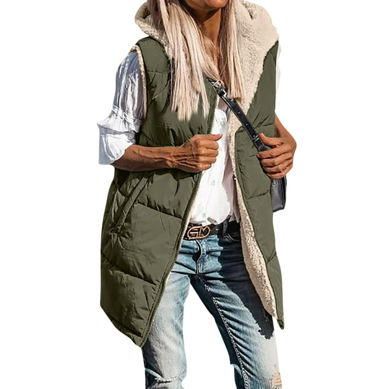 Womens 2023 Fall Reversible Vests Sleeveless Fleece Hooded Jacket Zip Up  Hoodie Pockets Casual Long Warm Winter Coat Outerwear