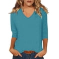 thumbnail image 1 of TQWQT Womens 3/4 Sleeve Tops and Blouses 2024 Summer Casual V Neck T Shirt Solid Loose Fit T-shirts Ladies Three Quarter Length Sleeve Blouses Sky Blue S, 1 of 4