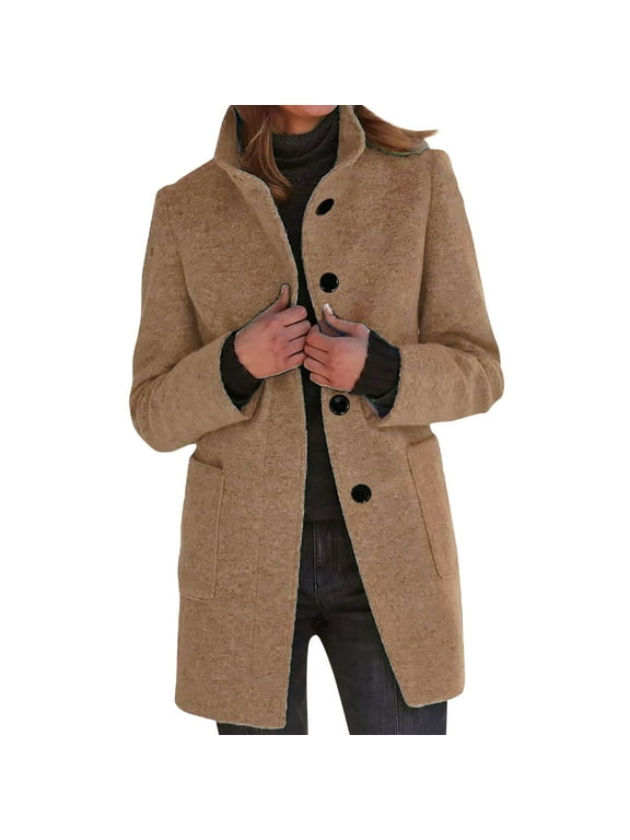 Womens Black Pea Coats Clearance Wool Cape Jacket Stand Collar Plus Size Peacoat Long Wool Blend Overcoat Camel XL