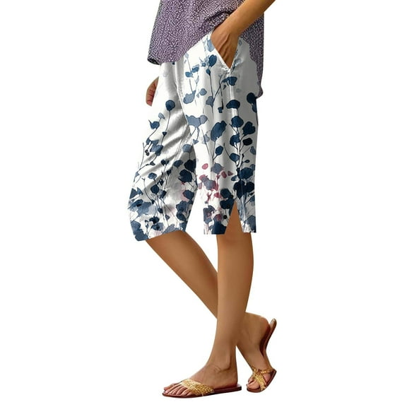 TQWQT Womens Capris for Summer Bermuda Shorts Elastic Waist Linen Capri Pants Knee Length Dressy Casual Knee Length Shorts with Pockets Navy XXL