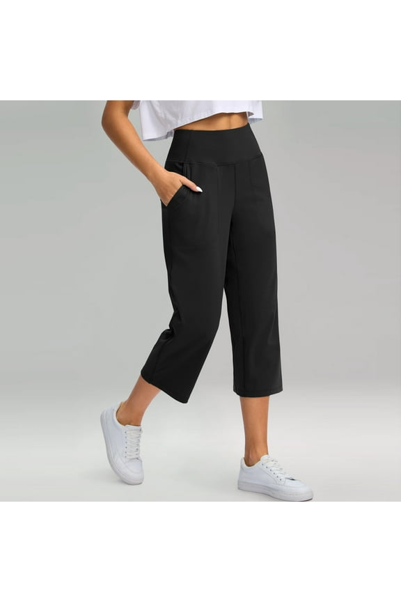 Womens Capris for Summer High Waist Leggings Crop Capris Wide Leg Crop Pants with Pockets Athletic Exercise Tummy Control Cropped Pants Black L