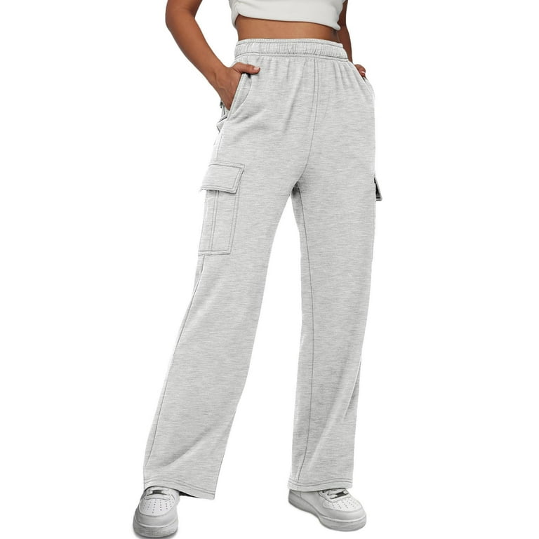 TQWQT Womens Cargo Sweatpants Cinch Bottom Fleece High Waisted Joggers  Pants Athletic Lounge Trousers with Pockets Light Gray S