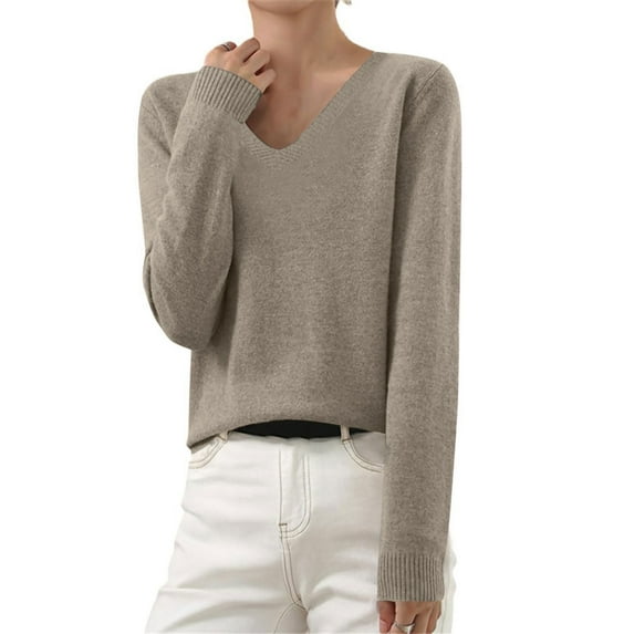 TQWQT Womens Casual Knit Sweaters Basic Soft Cotton Coffee Sweaters Long Sleeve Shirt V Neck Pullover Sweaters Lightweight Dressy Fall Tops Coffee L