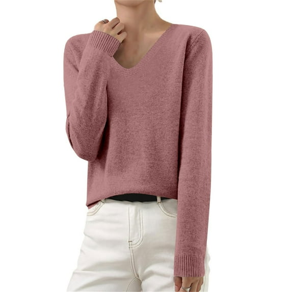 TQWQT Womens Casual Knit Sweaters Basic Soft Cotton Light Purple Sweaters Long Sleeve Shirt V-Neck Pullover Sweaters Lightweight Dressy Fall Tops Light Purple S