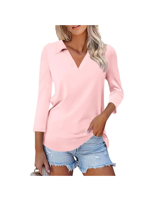 TQWQT Womens Collared Shirts 2024 Trendy V Neck Summer Tops 3/4 Sleeve Spring Tops Loose Fit Blouse Dressy Casual Basic Tees Tops Light pink M