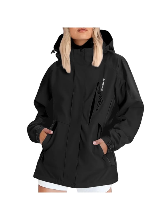 Womens Color Block Hooded Outdoor Ski Jacket Adjustable Drawstring Multi-Pocket Windproof Waterproof Hiking Coat Long Sleeve Functional Outerwear for Snowboarding Travel Camping Black L