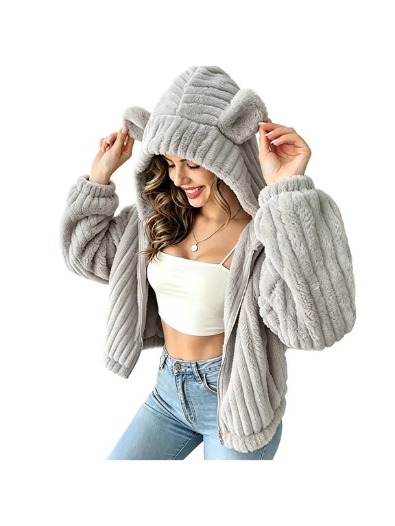 Womens Cute Bear Ear Hooded Fuzzy Jacket Vertical Striped Zip Up Cropped Fleece Cardigan Warm Cozy Casual Outerwear for Fall Winter Gray S