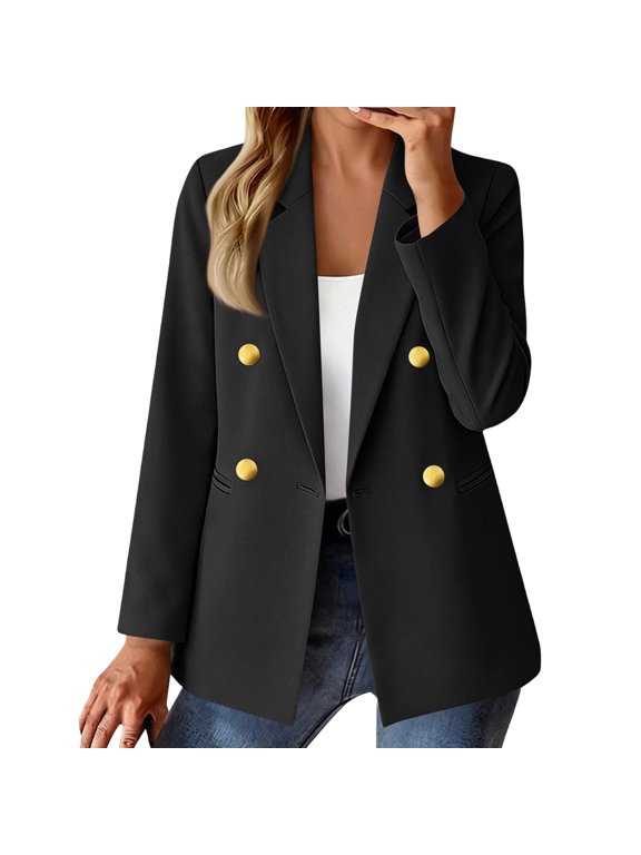 Womens Double Breasted Loose Blazer Jacket Notched Lapel Long Sleeve Solid Color Suit Coat with Gold Buttons Business Commute Party Layering Outerwear for Work Daily Wear Black L