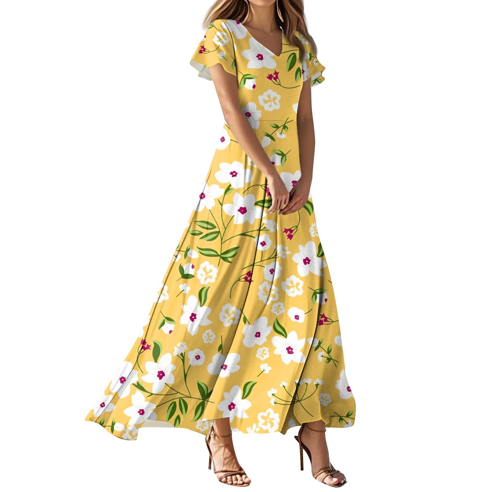 TQWQT Womens Easter Floral Dresses Plus Size Spring Church Dress V Neck  Short Sleeve Casual Ruffle Maxi Dresses Wedding Guestes Dress Yellow XS -  Walmart.com