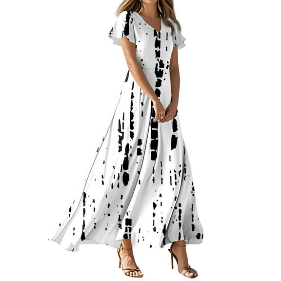 TQWQT Womens Floral Dresses Maxi Boho Summer Dress Short Sleeve Plus Size Dresses Casual V Neck Church Dress Cute Tiered Dress White L