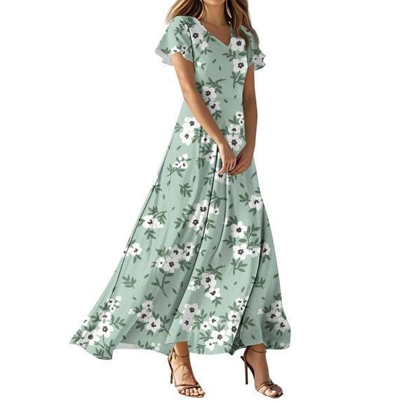 TQWQT Womens Floral Dresses Plus Size Summer Dress Short Sleeve Casual Long Dress Boho V Neck Church Dresses Spring Tiered Dress Dark Green M