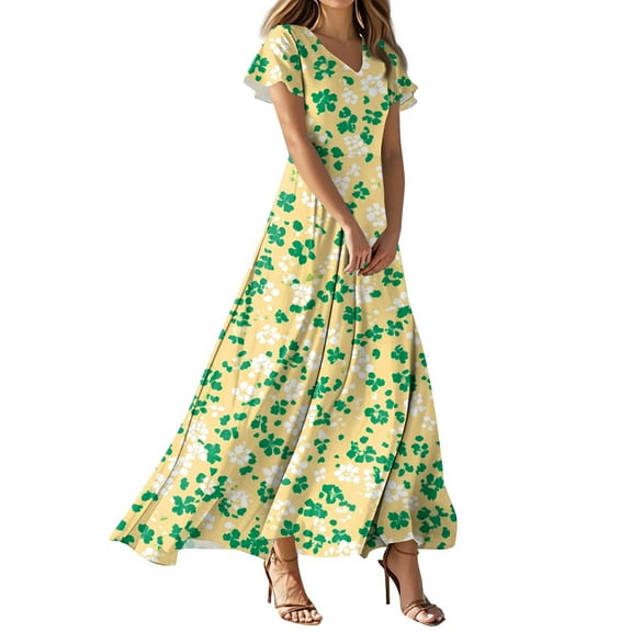 TQWQT Womens Floral Dresses Plus Size Summer Wedding Guestes Dress V-neck Short Sleeve Casual Spring Maxi Dress Tiered Ruffle Hem Swing Dress Green S