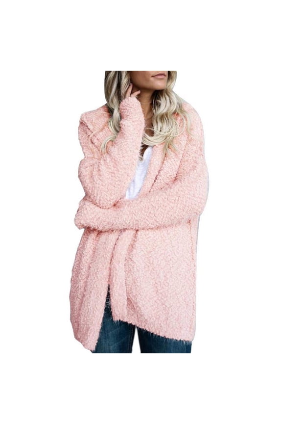 Womens Fuzzy Fleece Open Front Hooded Long Cardigan Jackets Sherpa Outerwear Coats Pink L