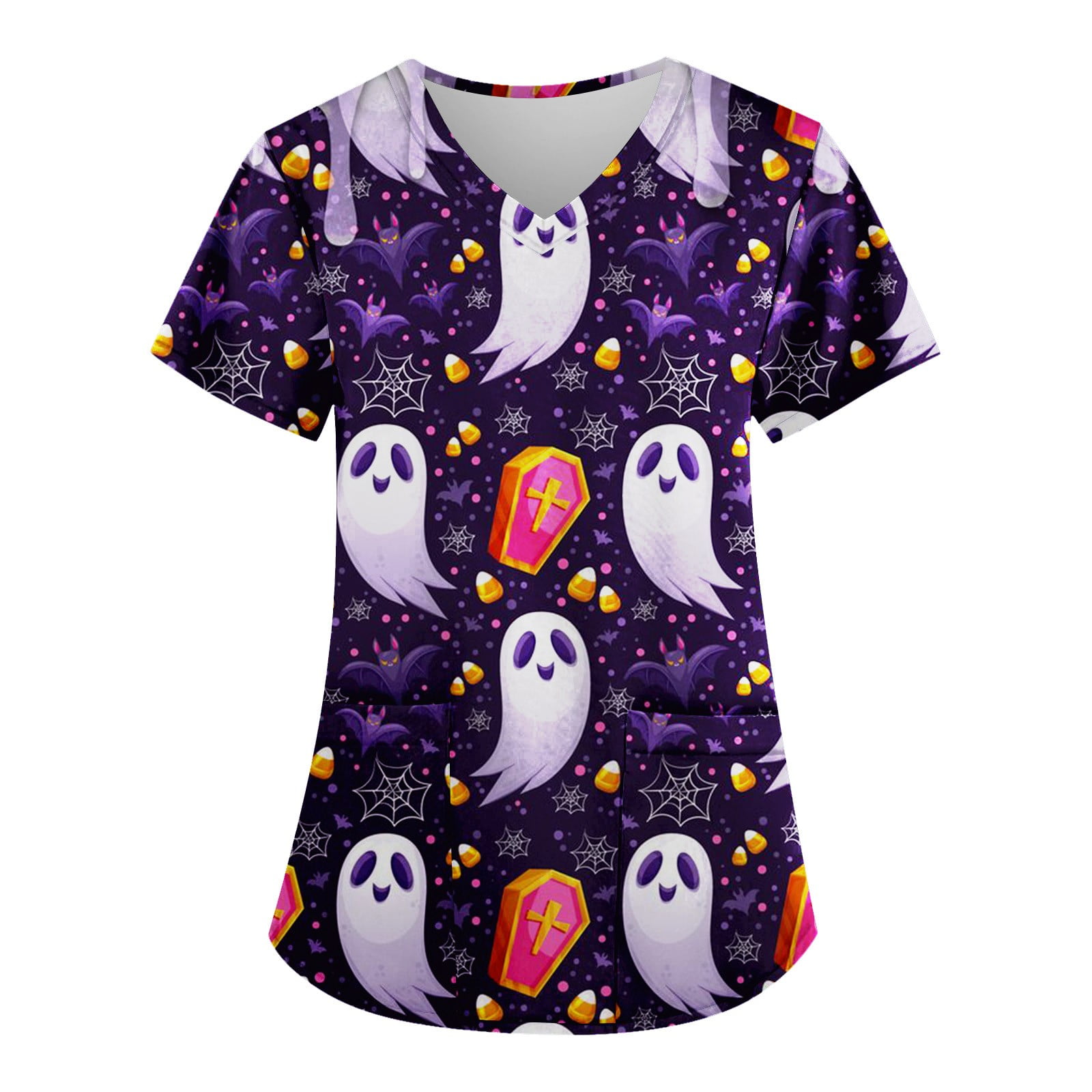 TQWQT Womens Halloween Scrub Tops Cute Cartoon Pumpkin Cat Bat Print