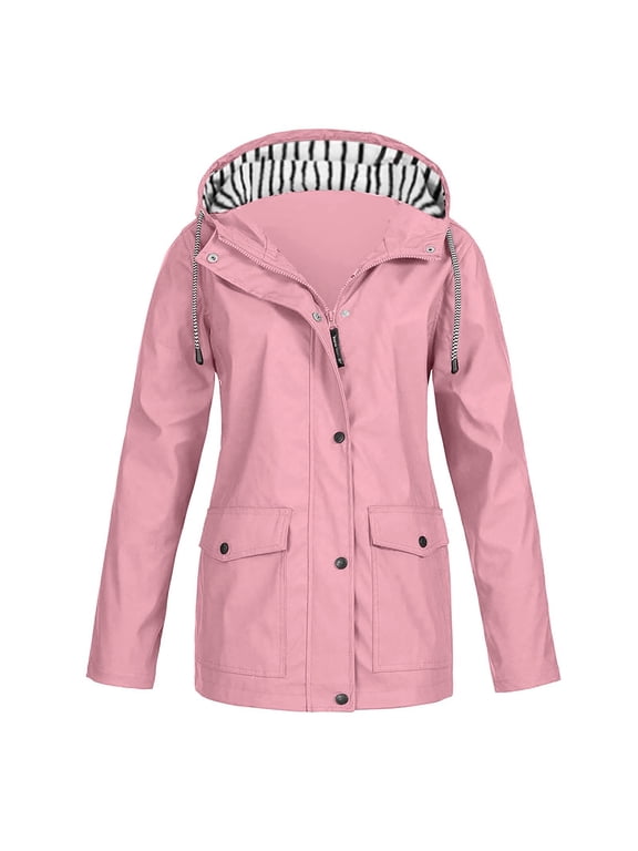 Womens Hooded Waterproof Rain Jacket Zebra Print Lining Drawstring Hood Full Zip Snap Button Flap Pockets Windproof Raincoat Lightweight Outdoor Commuter Travel Trench Coat Pink M